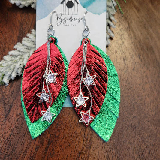 Shiny red and green Leather Fringe Dangle Earrings with Cubic Zirconia Star Charm