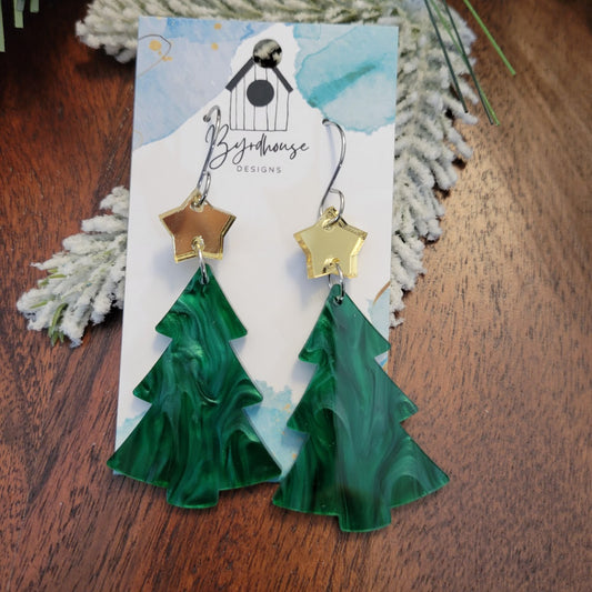 Acrylic Green Pearl Christmas Trees with Gold Mirror Stars Dangle Earrings