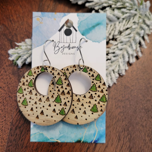Laser Cut Engraved Wood Hollow Round Painted Christmas Tree Dangle Earrings