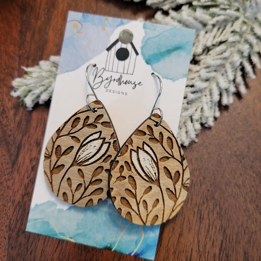 Wood Engraved Painted Winter Flower Dangle Earrings