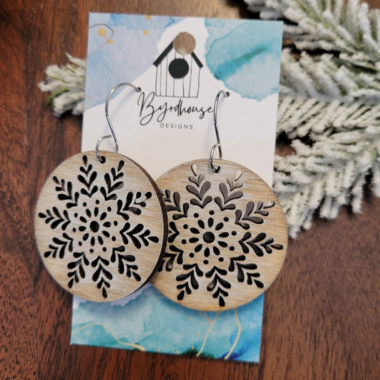 Wood Cut Out Snowflake Dangle Earrings
