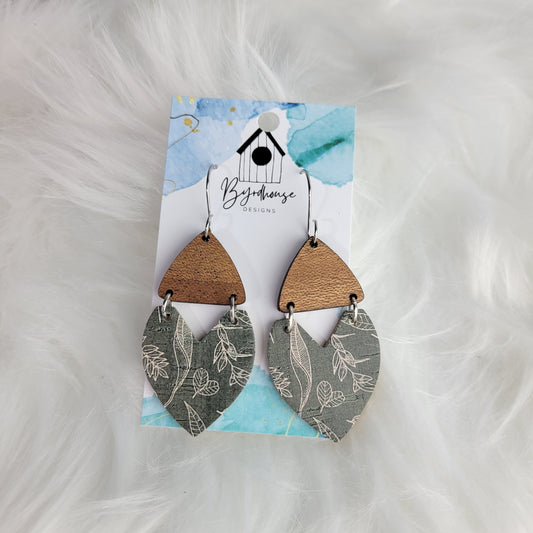 Boho Green and White Leaf Cork on Leather with Sapele Wood Connector Dangle Earrings