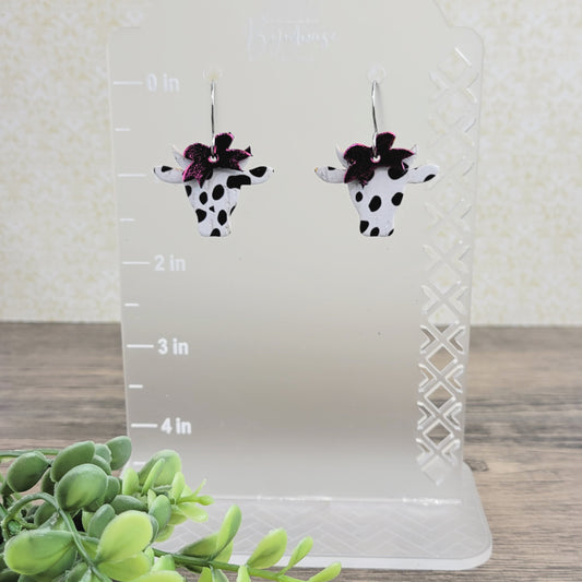 Daisy Cow with Bow Dainty Dangle Earrings | Black and White with Shiny Maroon Bow