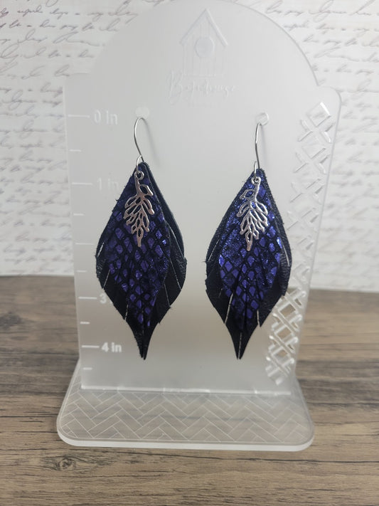 Blue Python and Black Fringe Feather Genuine Leather Dangle Earrings with Leaf Charm