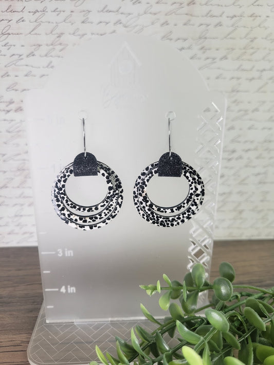 Leather Dotted Black and White Circle Stacked Dangle Earrings With Black Glitter Wrap