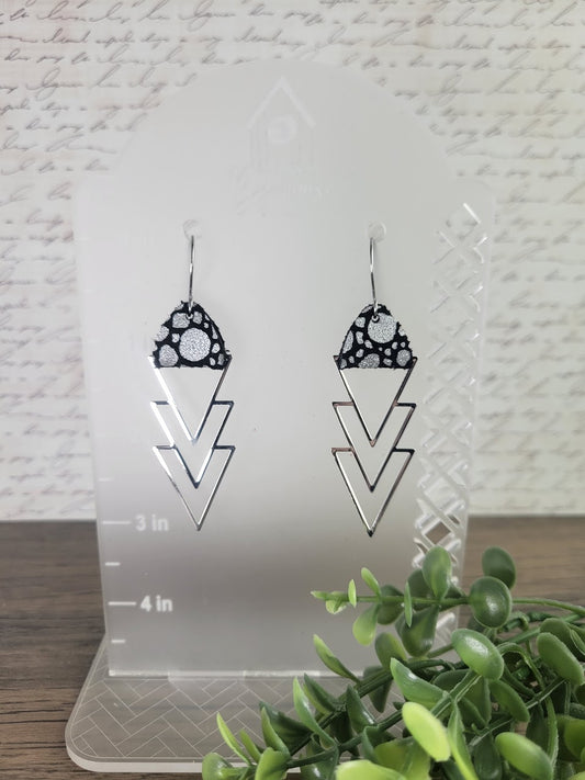 Leather Champagne Bubble Silver and Black Wrapped Silver Metal Stacked Triangles Metal Charm Earrings