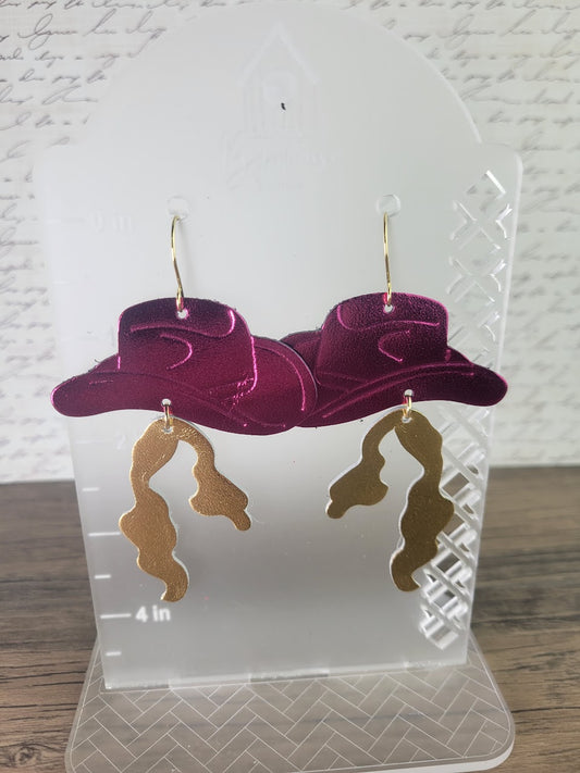Dolly Parton Inspired Pink Leather  Cowboy Hat and Gold Leather Hair Dangle Earrings