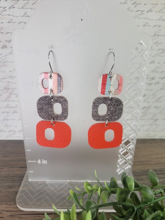 Boho Stacked Hollow Squares with Orange, Tweed, and Striped Leather Dangle Earrings