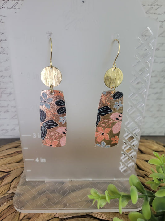 Leather Rounded Rectangle Flowers on Rose Gold Leather with Gold Circle Connector Earrings