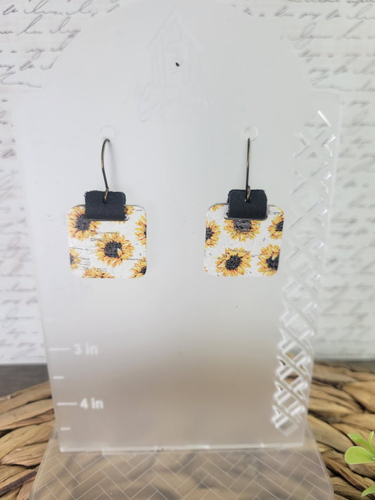 Dainty Sunflower Square  Leather Earrings with Black Wrap Connector