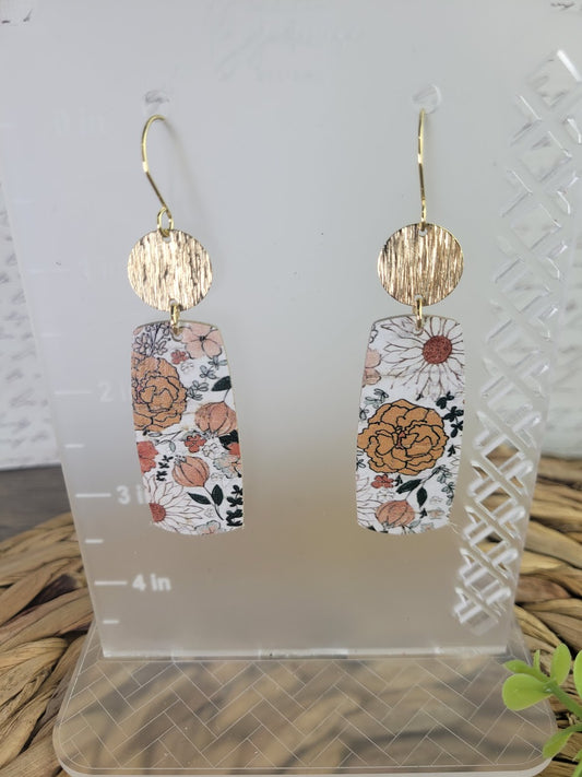 Boho Flowers Rounded Rectangle with Gold Circle Connector Earrings