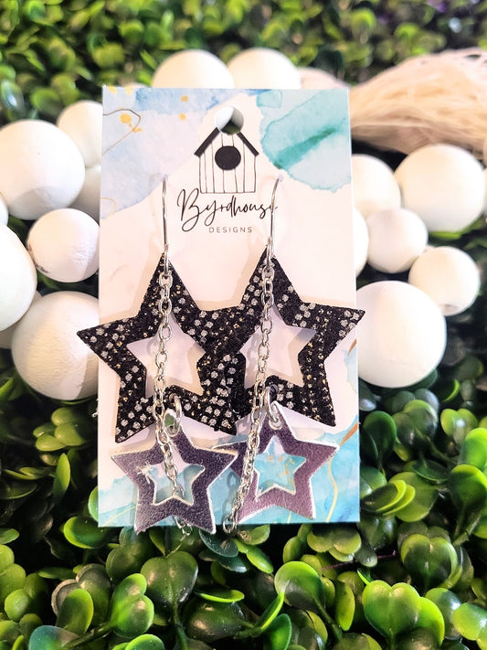 Stacked Stars with Chain Leather Dangle Earrings