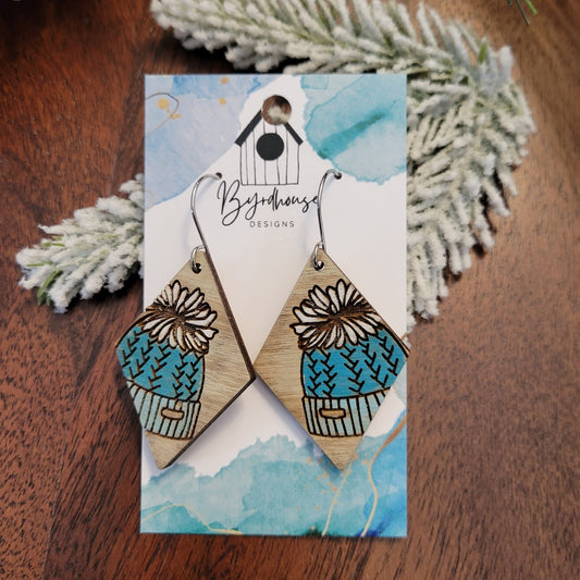 Laser Cut Engraved Painted Winter Toboggan Beanie Hat Dangle Earrings