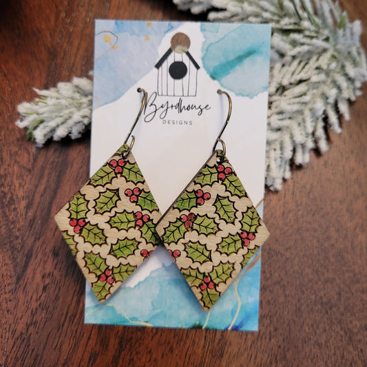 Diamond Shaped Laser Engraved Wood Mistletoe Earrings