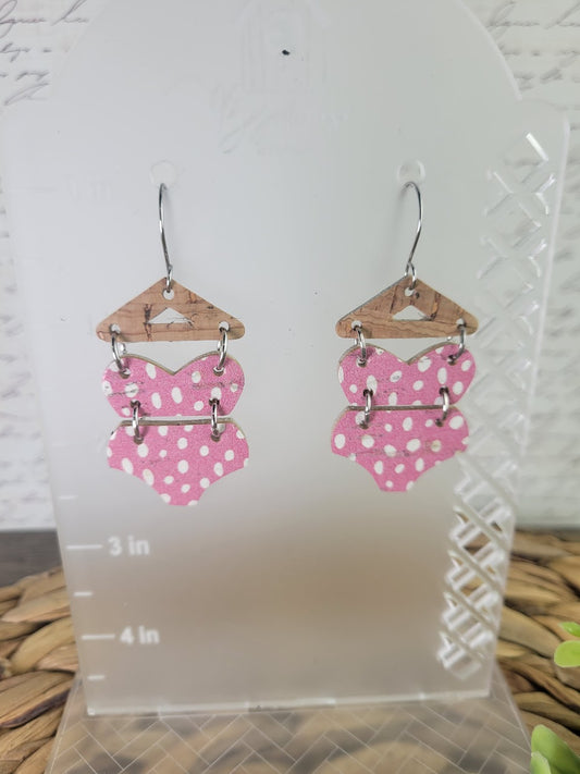 Itty Bitty Pink Polka Dot Bikini Leather and Cork Dangle Earrings