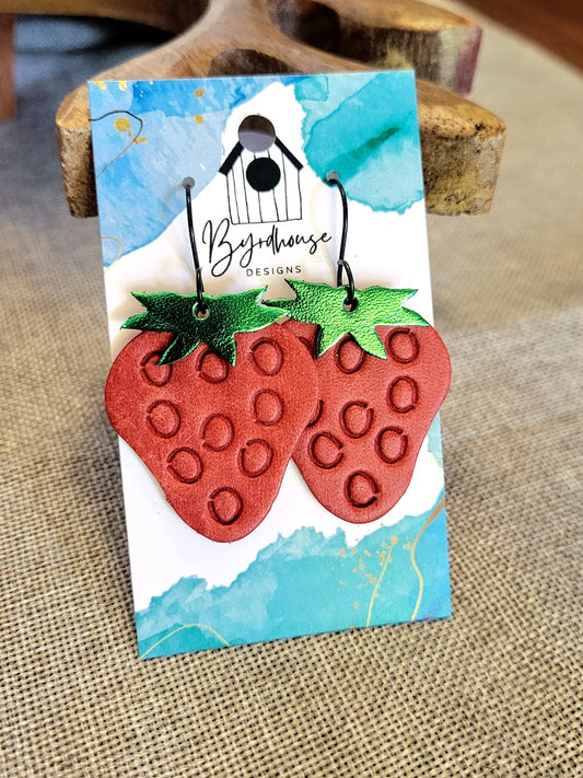 Genuine Leather Layered Strawberry Dangle Earrings Black Hook