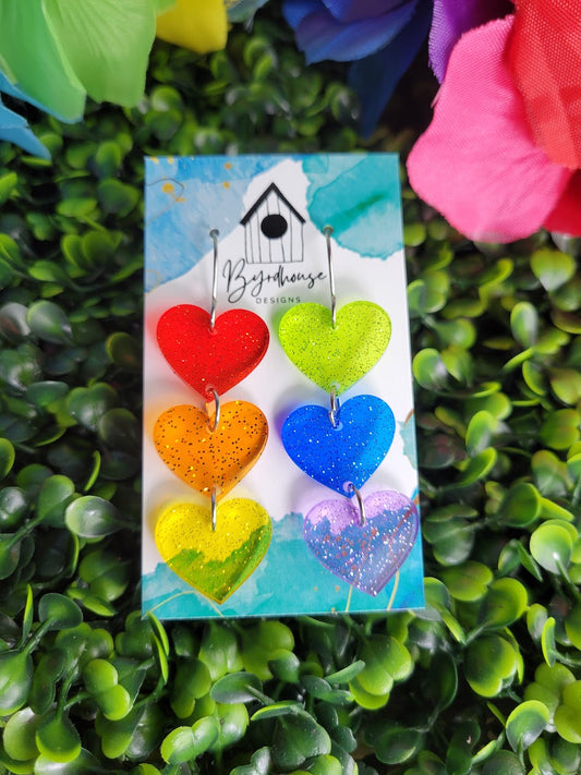 Rainbow Pride Hearts Stacked Acrylic Dangle Earrings