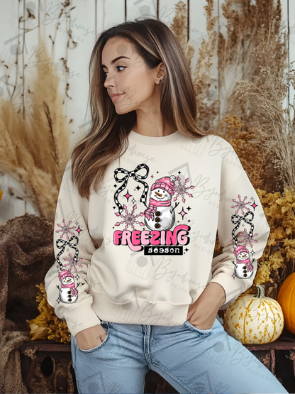 Freezing Season Pink Hat Snowman w/sleeves | Sweatshirt or Hoodie Unisex